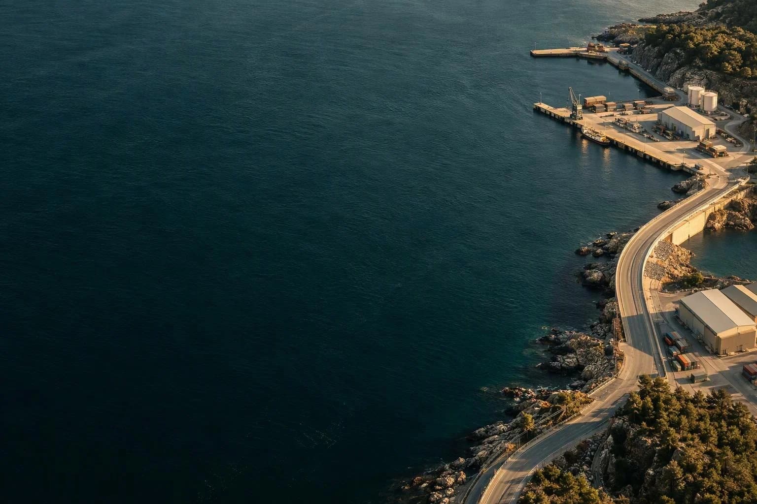 A coastal logistics hub with warehouses, shipping containers and transport routes beside deep teal water.